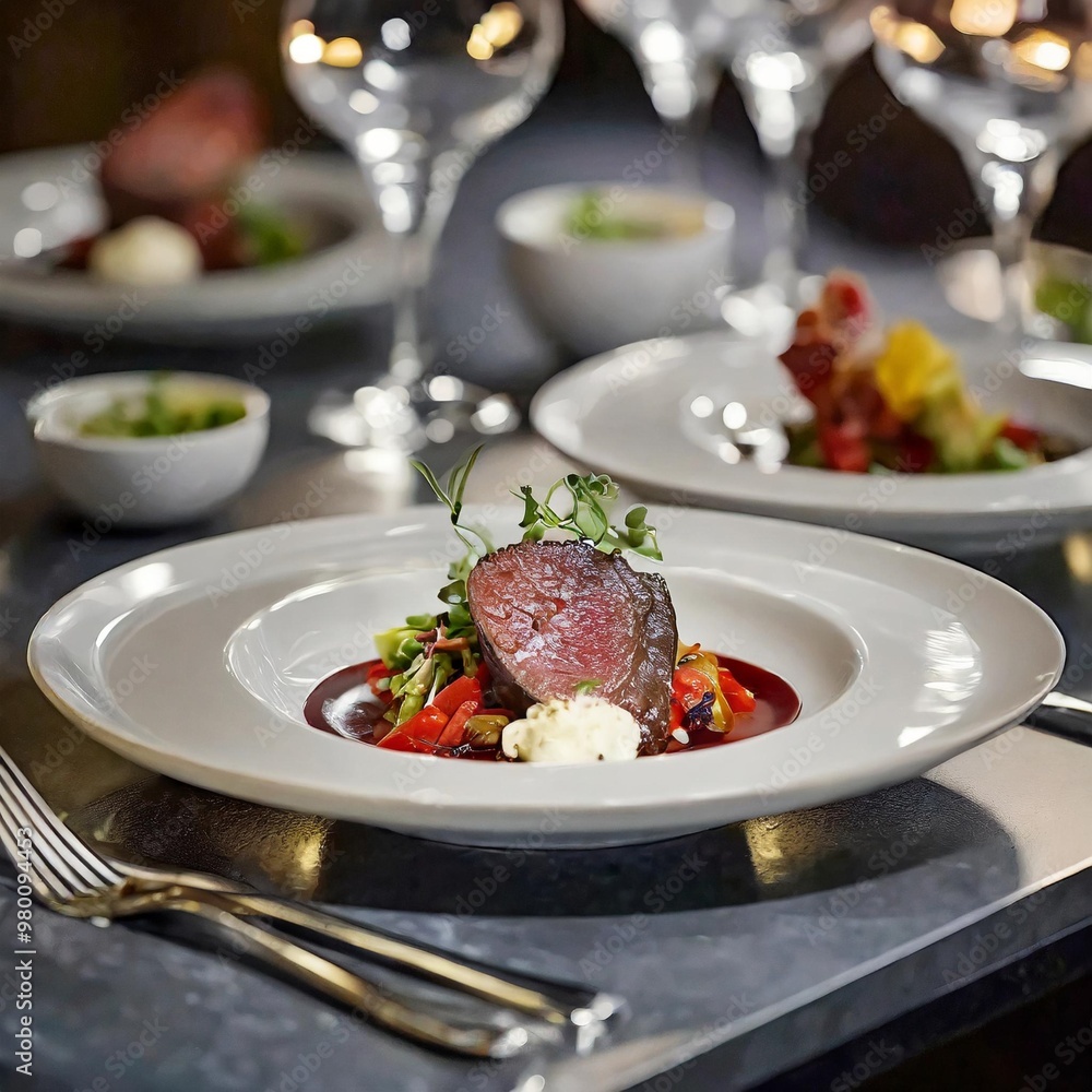 Elegant dinner plates with depth of field highlighting gourmet dishes and sophisticated presentation Elegant dinner plates with depth of field highlighting gourmet dishes and sophisticated presentation