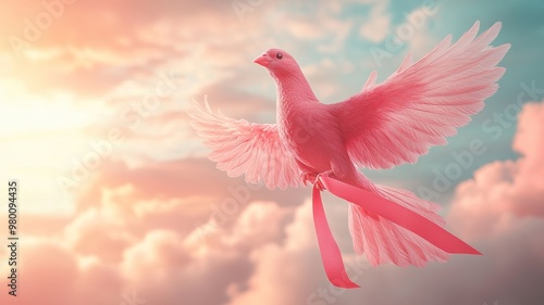 A pink bird soaring through a colorful sky at sunset. photo