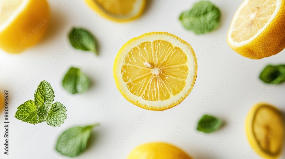 Falling Lemon Slices and Mint Leaves Falling Lemon Slices and Mint Leaves
