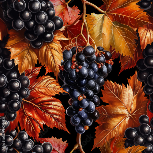 Seamless vector pattern with autumn grapes isolated on a changeable background. Vintage painting style illustration.