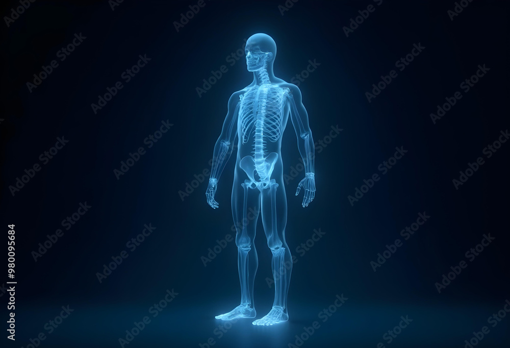 A transparent blue human figure with visible skeleton A transparent blue human figure with visible skeleton
