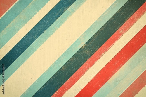 Diagonal Stripes of Red, Green, Blue and Beige with Distressed Texture