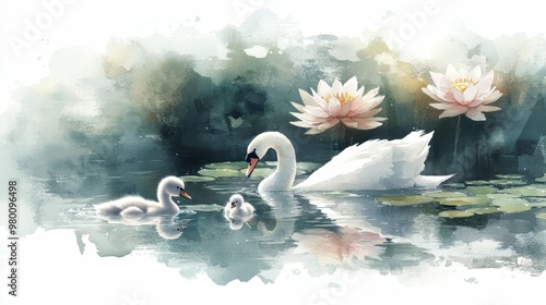 Charming watercolor clipart of a baby swan cygnets swimming gracefully in a serene lily-covered pond photo