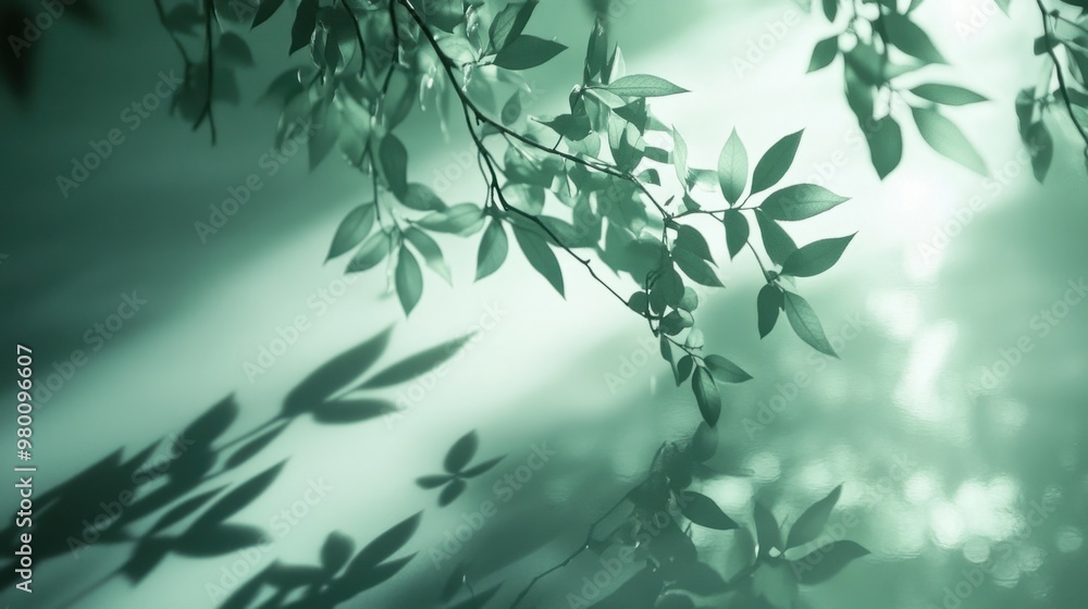 Soft green light gently illuminating a reflective surface, casting calm and serene shadows. Soft green light gently illuminating a reflective surface, casting calm and serene shadows.