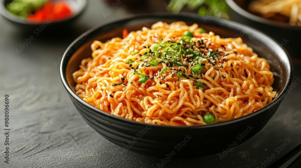 Yakisoba on the Japanese flag background with free copy space Yakisoba on the Japanese flag background with free copy space