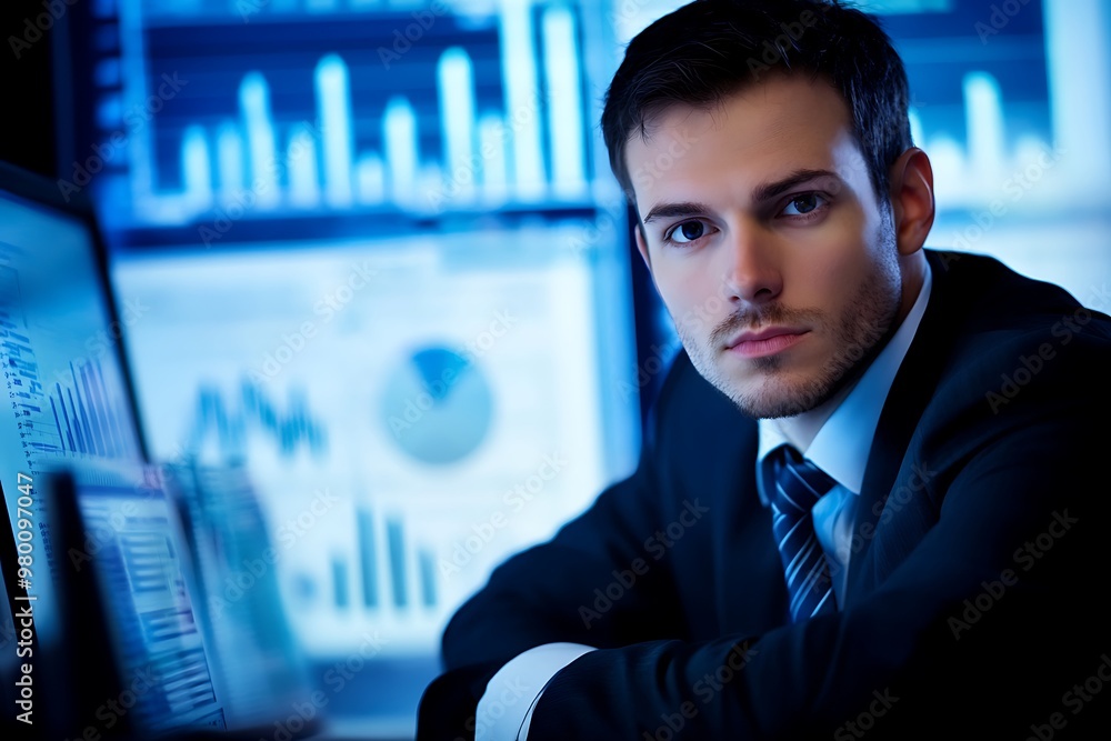 Businessman Analyzing Financial Data on Multiple Monitors Businessman Analyzing Financial Data on Multiple Monitors
