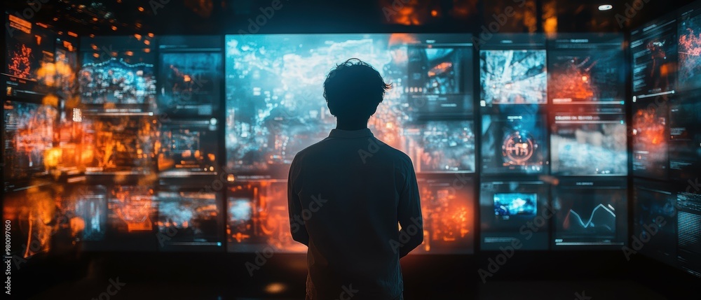 A museum curator curating a digital exhibitiondesigning interactive displays and multimedia content with free copy space A museum curator curating a digital exhibitiondesigning interactive displays and multimedia content with free copy space