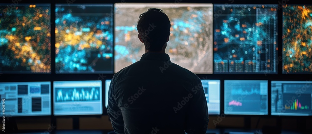 A meteorologist monitoring weather systems and climate data through advanced visualization tools A meteorologist monitoring weather systems and climate data through advanced visualization tools
