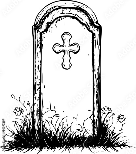 Vector Illustration of a Weathered Gravestone with Grass