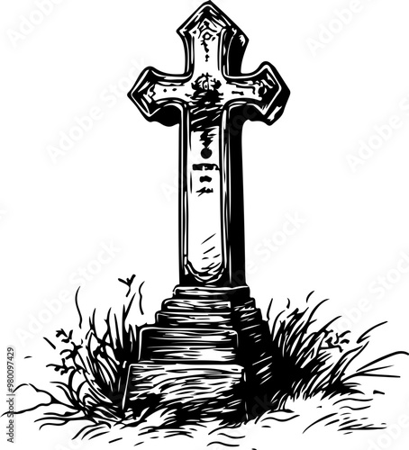 Vector Design of a Weathered Tombstone with Grass