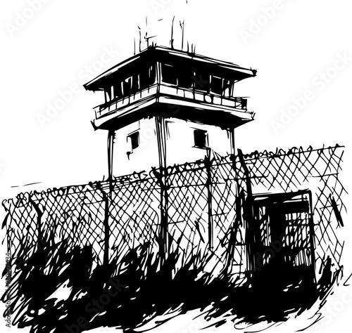 Vector Illustration of a Prison Tower and Fence