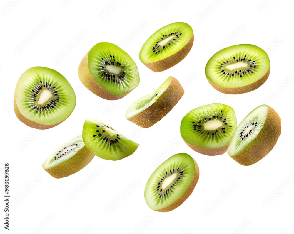 Kiwi slices flying on transparent background Kiwi slices flying on transparent background