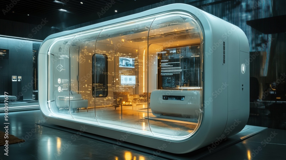 Futuristic glass-and-metal display showcasing the advanced modular design of a next-generation smart home system Futuristic glass-and-metal display showcasing the advanced modular design of a next-generation smart home system
