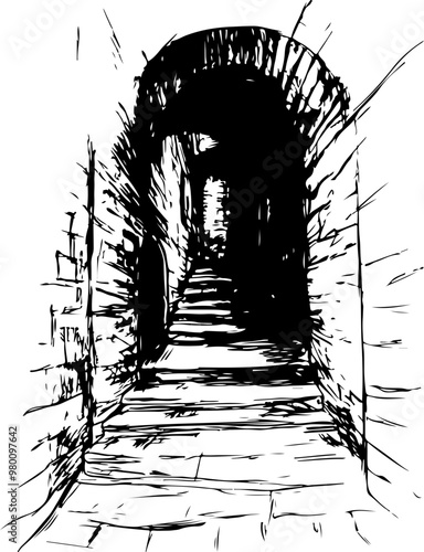 Vector Art of a Dark Staircase in Archway