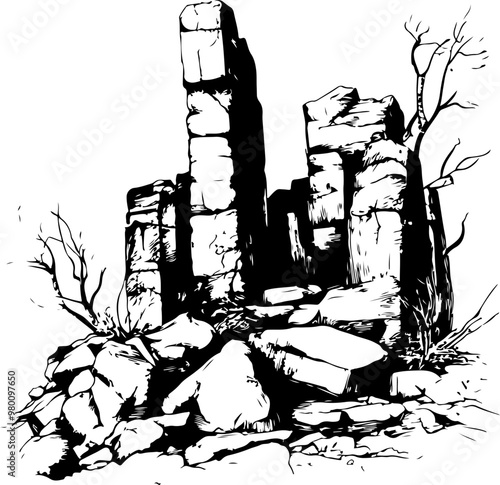 Vector Illustration of Ruined Stone Structure