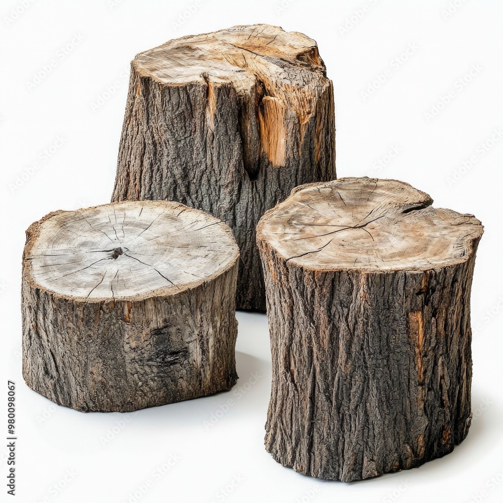 Three rustic wooden stumps create a natural and charming aesthetic. Ideal for home decor or outdoor settings, these stumps serve as unique seating or decorative pieces. AI Three rustic wooden stumps create a natural and charming aesthetic. Ideal for home decor or outdoor settings, these stumps serve as unique seating or decorative pieces. AI