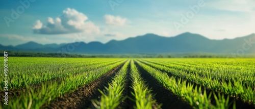 A lush green field under a blue sky, showcasing rows of vibrant crops with distant mountains in the background.