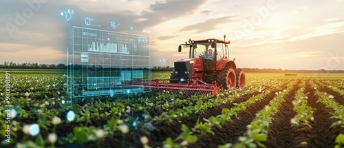 A modern tractor working in a vibrant field, showcasing digital technology and precision agriculture during a sunset.