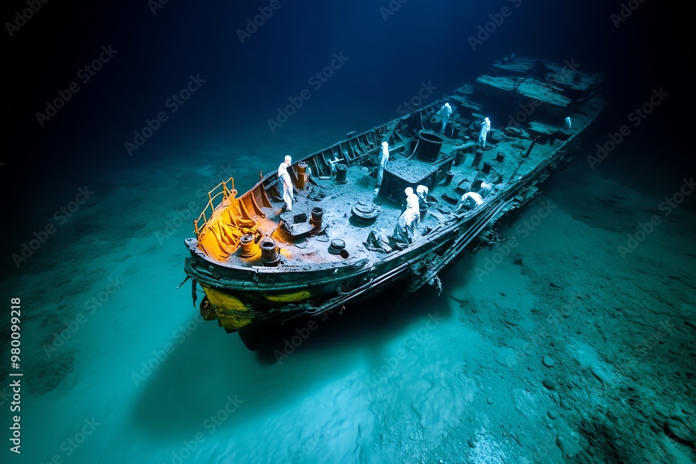 A ghost shipwreck on the ocean floor, with ghostly figures still tending to their duties among the ruins A ghost shipwreck on the ocean floor, with ghostly figures still tending to their duties among the ruins