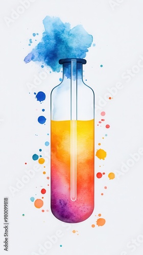 Colorful scientific flask with vibrant liquid and smoke, perfect for chemistry and laboratory-themed projects. photo