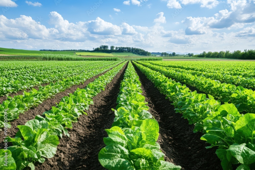 Lush green vegetable field under a bright sky, showcasing rows of healthy plants stretching towards the horizon. Lush green vegetable field under a bright sky, showcasing rows of healthy plants stretching towards the horizon.