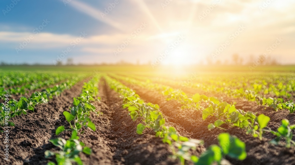 Vibrant green crops growing in rows under a beautiful sunrise, showcasing the beauty of agricultural fields and nature's bounty. Vibrant green crops growing in rows under a beautiful sunrise, showcasing the beauty of agricultural fields and nature's bounty.