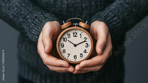 A pair of hands cradles a vintage alarm clock, highlighting its wooden details and emphasizing the importance of time in a warm interior environment