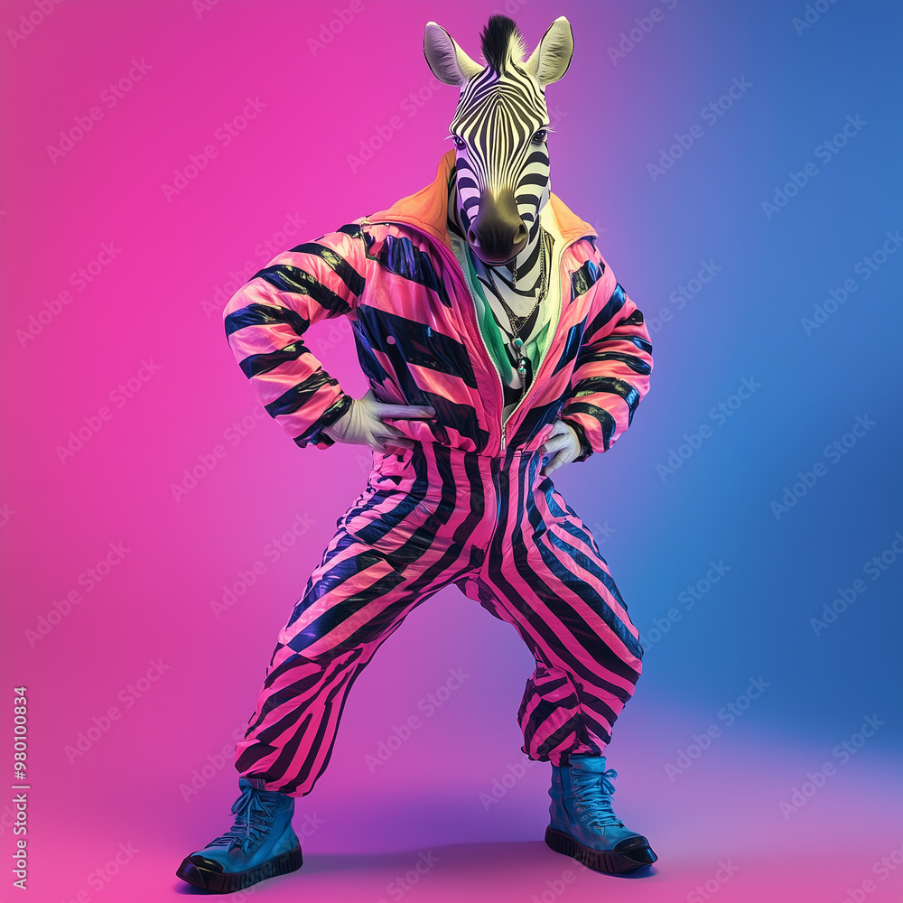 Disco Fever: A Zany Anthropomorphic Zebra in Vibrant Disco Garb Disco Fever: A Zany Anthropomorphic Zebra in Vibrant Disco Garb
