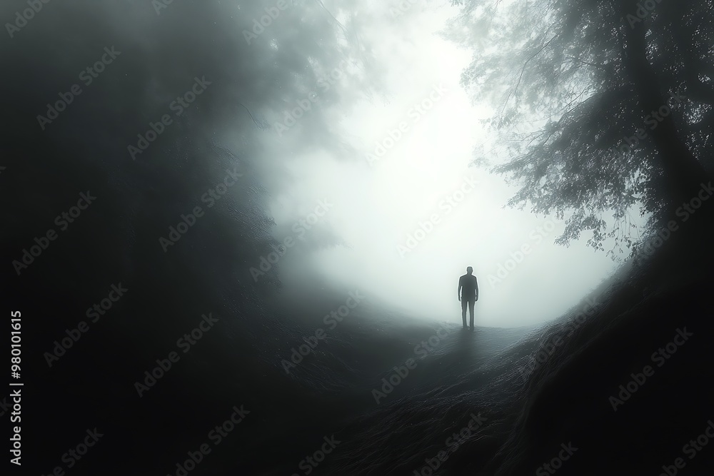 Mysterious Silhouette in Foggy Forest Path, Moody, Atmospheric Photo Mysterious Silhouette in Foggy Forest Path, Moody, Atmospheric Photo