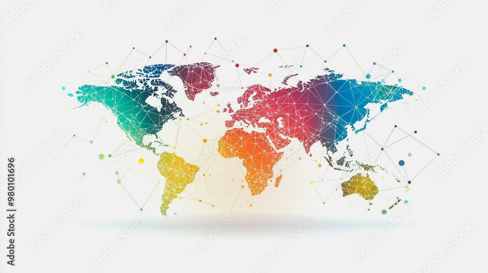 Fototapeta premium Abstract white background with Colorful business connection of line from nail node to node on world map background Innovation network points Earth's surface