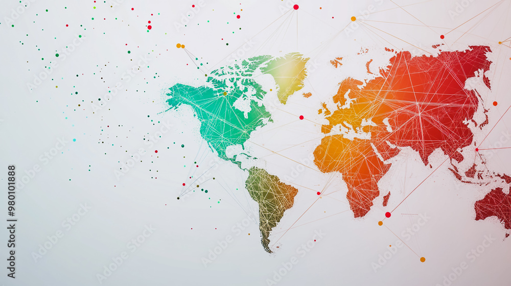 Fototapeta premium Abstract white background with Colorful business connection of line from nail node to node on world map background Innovation network points Earth's surface