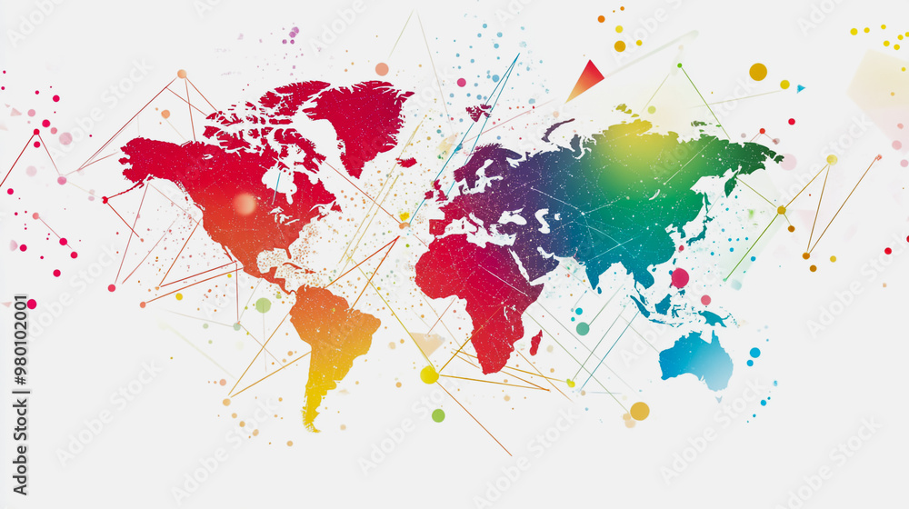 Obraz premium Abstract white background with Colorful business connection of line from nail node to node on world map background Innovation network points Earth's surface