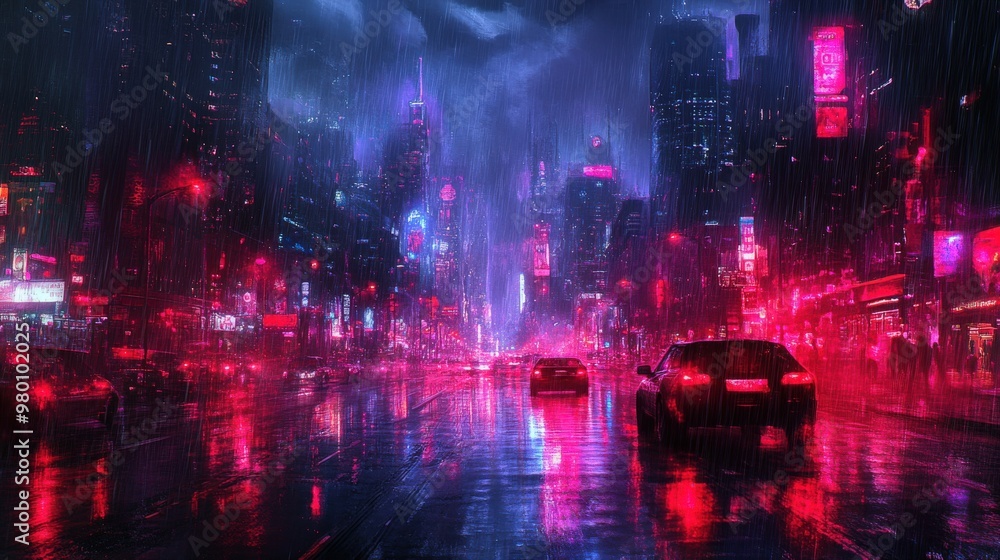 Fototapeta premium Cyberpunk City Streets with Neon Lights and Rainy Foggy Atmosphere