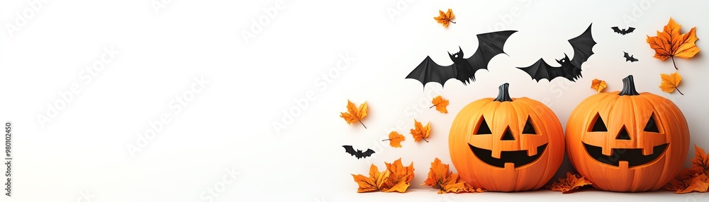 Fototapeta premium Minimalistic Halloween pumpkins in pastel colors with flying bats, leaving space for text on a white background.