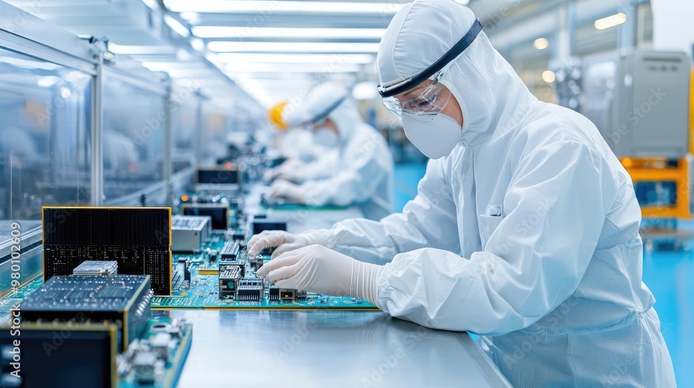 A cleanroom with workers assembling microchips, representing the precision and controlled environment of the semiconductor industry A cleanroom with workers assembling microchips, representing the precision and controlled environment of the semiconductor industry