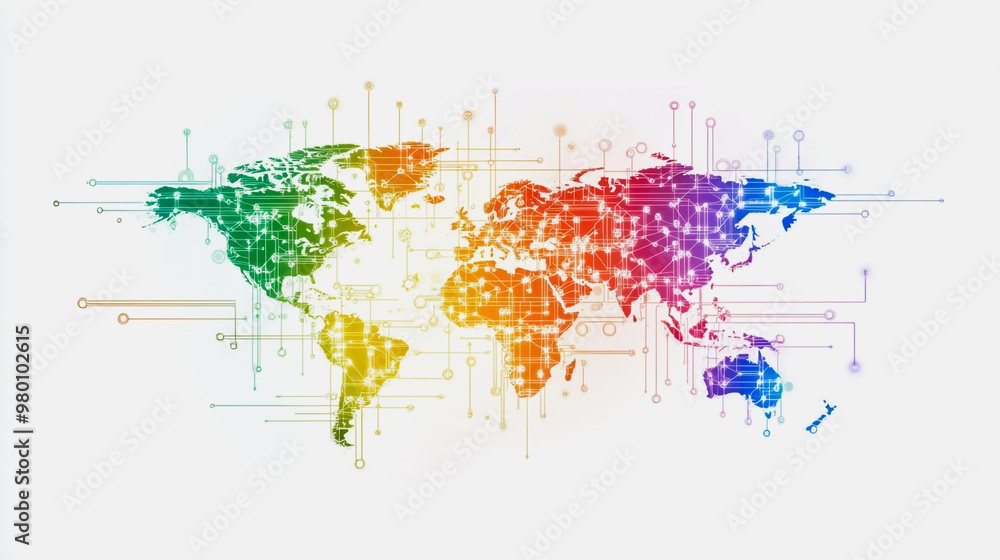 Naklejka premium Abstract white background with Colorful business connection of line from nail node to node on world map background Innovation network points Earth's surface