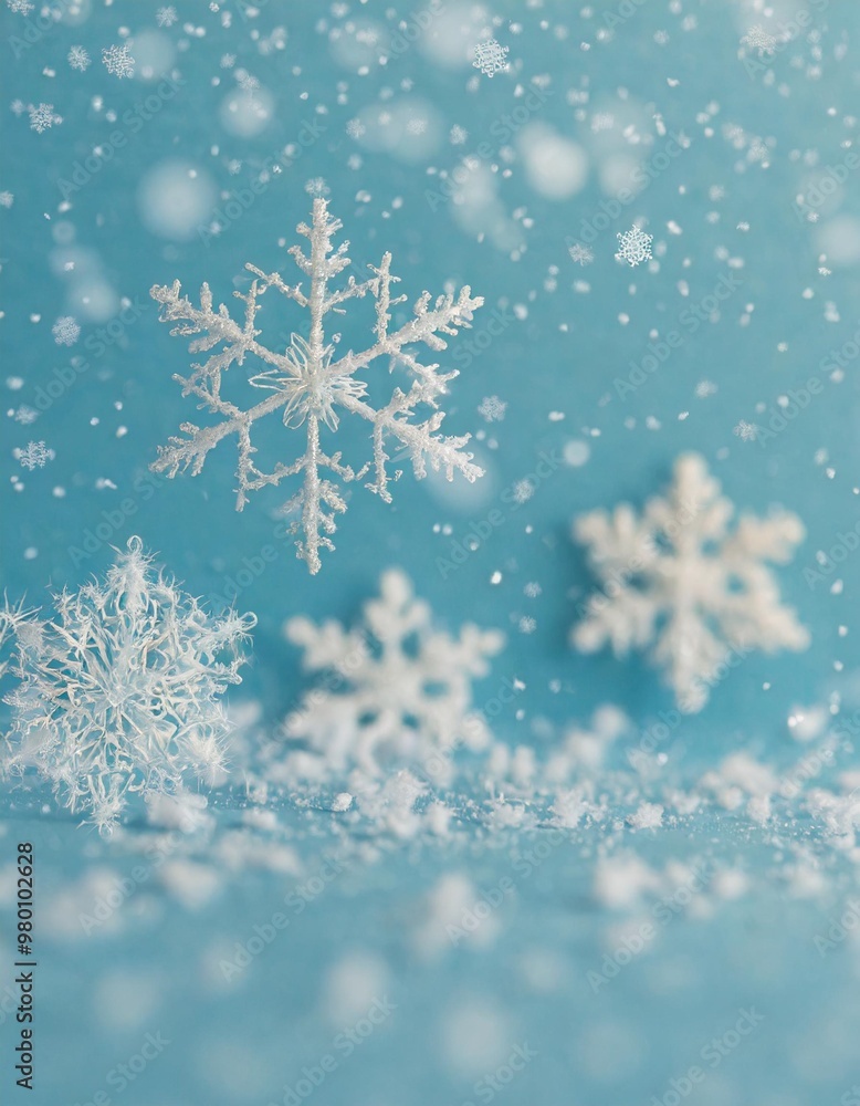 Minimalist winter background with depth of field featuring soft snowflakes on a light blue backdrop Minimalist winter background with depth of field featuring soft snowflakes on a light blue backdrop