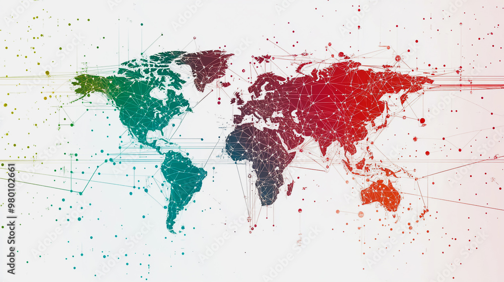 Obraz premium Abstract white background with Colorful business connection of line from nail node to node on world map background Innovation network points Earth's surface