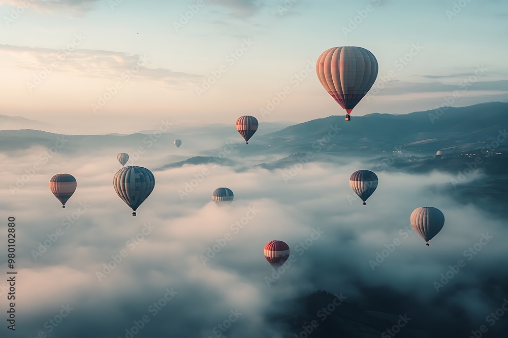 Fototapeta premium Aerial View of Colorful Hot Air Balloons Floating Above Clouds and Mountains at Sunset