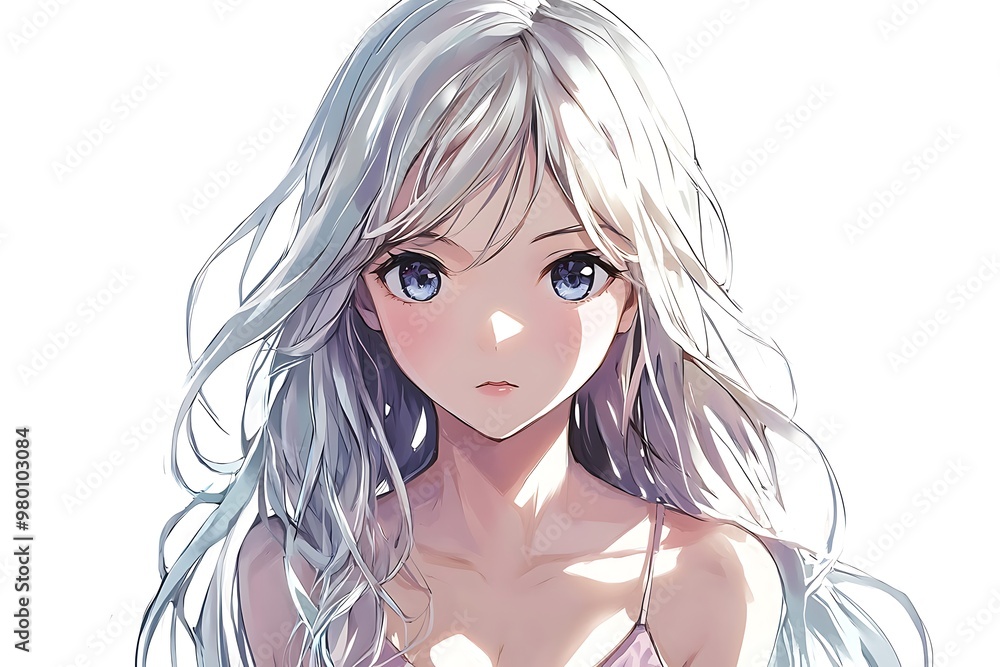 Anime girl with long silver hair and blue eyes, cute illustration Anime girl with long silver hair and blue eyes, cute illustration