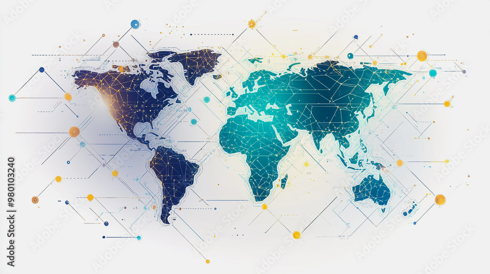 Fototapeta premium Abstract white background with Colorful business connection of line from nail node to node on world map background Innovation network points Earth's surface