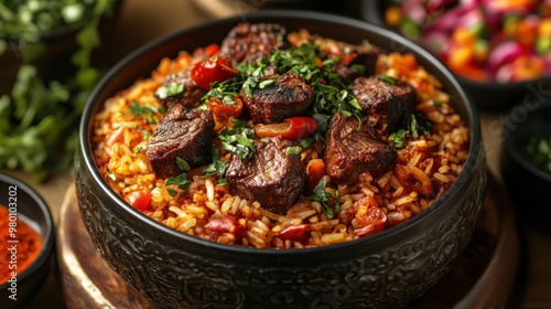 Delicious Beef and Rice Dish with Chili Peppers and Parsley