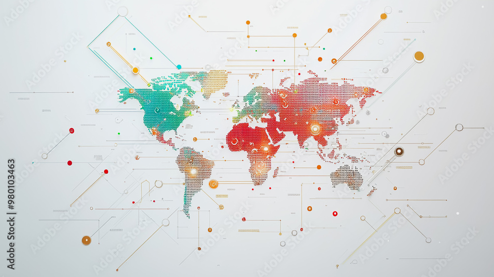 Fototapeta premium Abstract white background with Colorful business connection of line from nail node to node on world map background Innovation network points Earth's surface