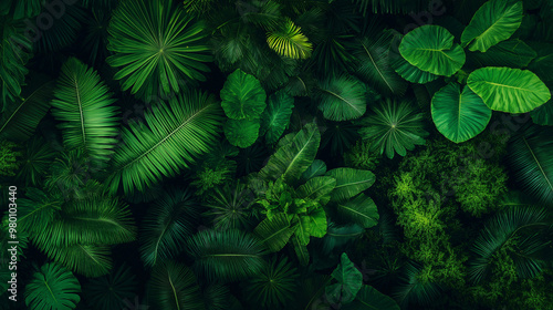 A dense array of green leaves fills the ground in a tropical rainforest, with varying shapes and sizes reflecting the richness of the ecosystem