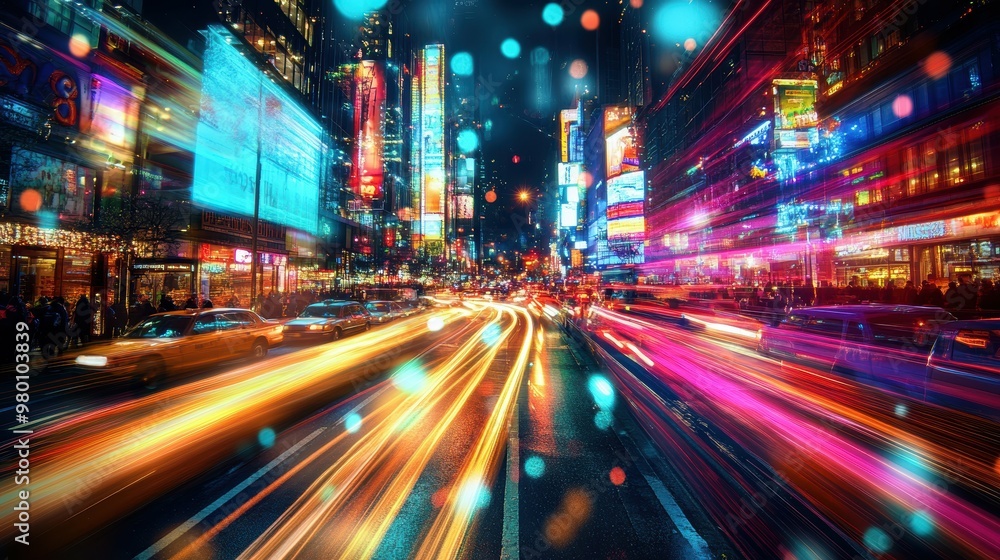 Mesmerizing long-exposure image of a lively city street at night with blurred multicolored lights streaking by suggesting the energy and excitement of an urban nightlife Mesmerizing long-exposure image of a lively city street at night with blurred multicolored lights streaking by suggesting the energy and excitement of an urban nightlife