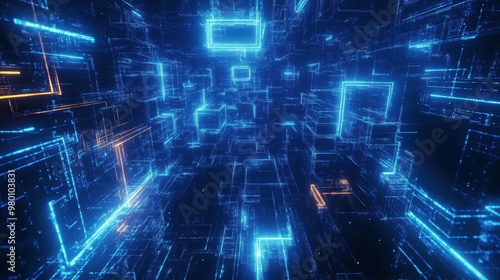 Overhead view of a maze-like network of glowing neon-blue lines and geometric shapes creating a visually striking abstract technological landscape