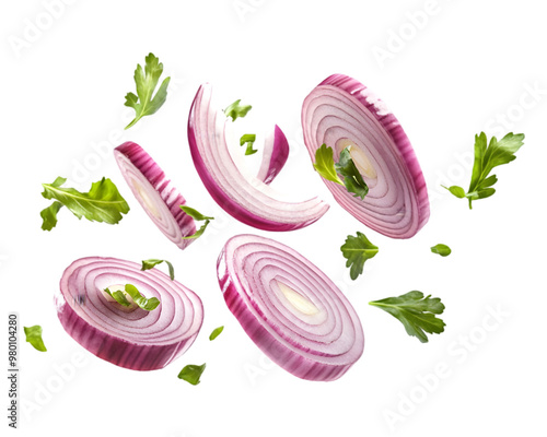 Onion slices flying on transparent background