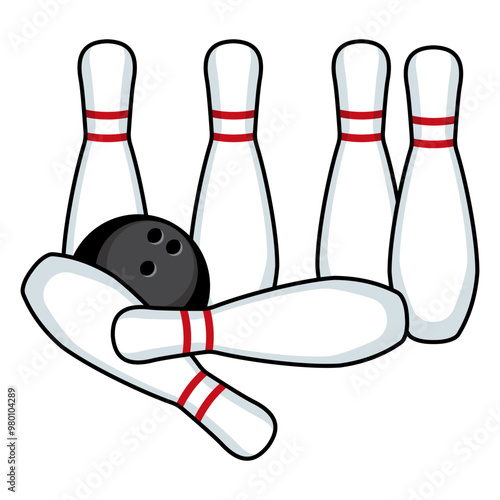 Black bowling ball with white bowling pins in flat style