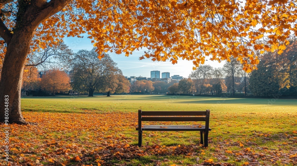 Lonely Bench in autumn Park with city view red and yellow maple trees and blue sky,Autumn forest path,Lawn in autumn city park in Sunny day,Trees with yellow leaves in park,Natural Wallpaper. Lonely Bench in autumn Park with city view red and yellow maple trees and blue sky,Autumn forest path,Lawn in autumn city park in Sunny day,Trees with yellow leaves in park,Natural Wallpaper.