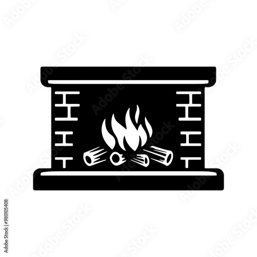 Fireplace Icon with Logs and Flames Representing Winter Warmth, Comfort, and Home Heating